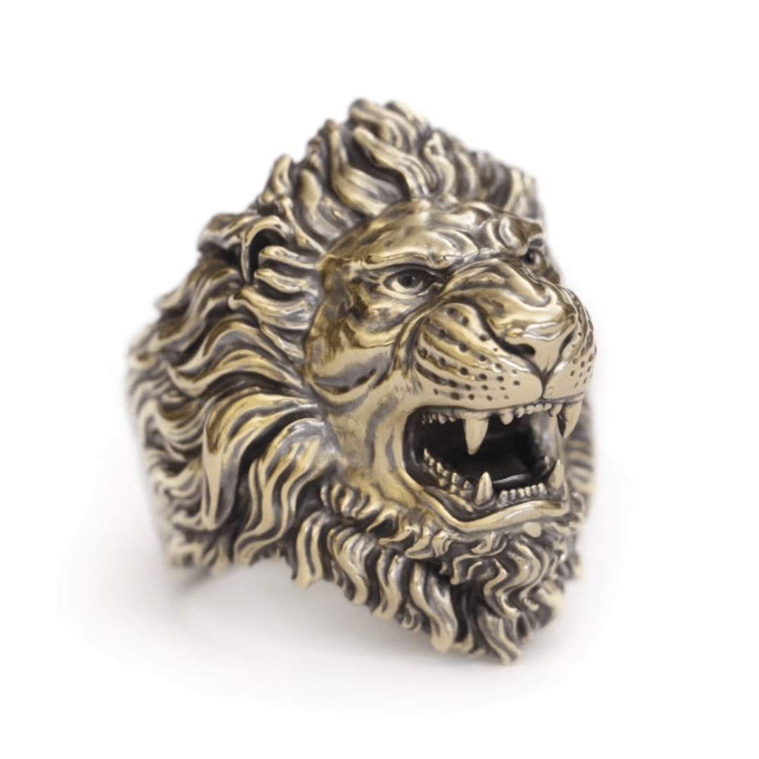 Anel leão em moeda antiga joia feita a mão hiper-realista 