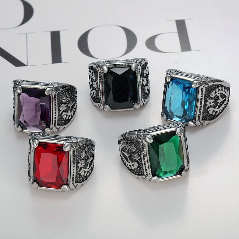 Anel masculino moda retro em aço inoxidável com cinco cores de pedras azul, vermelha, roxa, verde e preto