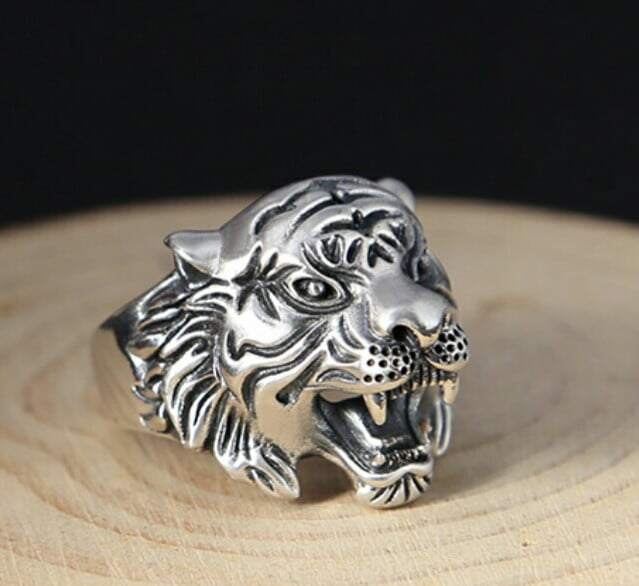 Anel cabeça de tigre em prata 925 tamanho ajustável 