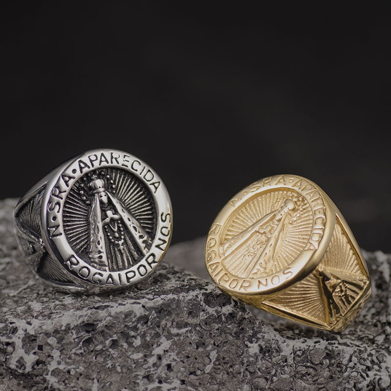 Anel Nossa Senhora Aparecida rogai por nos em aço inoxidável joia pra vida toda