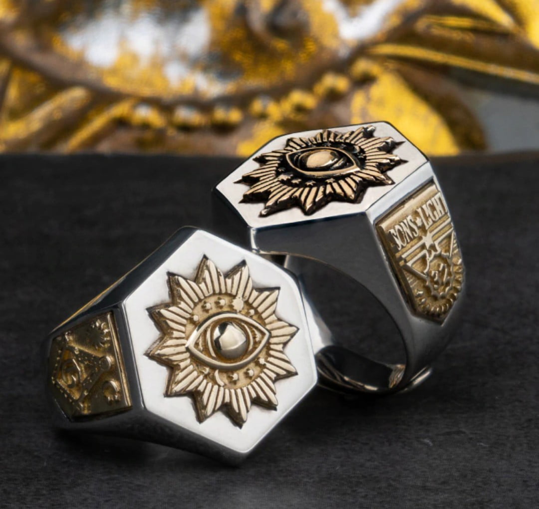 Anel olho da providencia maçonaria em prata 925 com detalhes em ouro 18k joia perfeita 