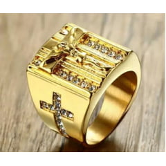 Crucifixo jesus com  Zircônia Cúbica anel em aço inoxidável dourado 