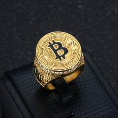 Anel Bitcoin em aço inoxidável banhado a ouro 