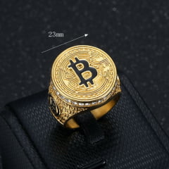 Anel Bitcoin em aço inoxidável banhado a ouro 