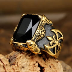 Anel masculino em aço inoxidável com pedra zircão martelo vikings esculpido nas laterais  uma peça marcante símbolo de força e poder