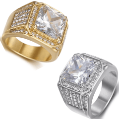 Lindo anel de aço inoxidável banhado a ouro com pedra zircão