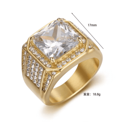 Lindo anel de aço inoxidável banhado a ouro com pedra zircão