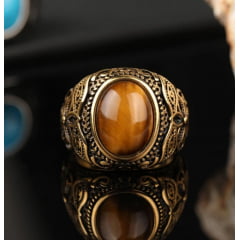 Lindo anel em aço inoxidável com pedra olho de tigre .