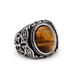 Lindo anel em aço inoxidável com pedra olho de tigre .
