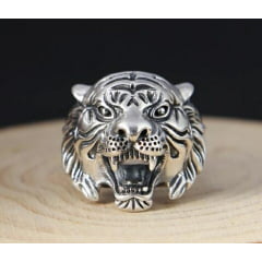 Anel cabeça de tigre em prata 925 tamanho ajustável 