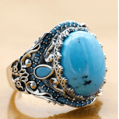 Anel masculino em prata 925 com pedra turquesa modelo turco clássico .