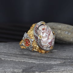Anel masculino Turco de prata esterlina 925 com pedra de ágata rendada e banhado a ródio