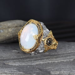 Anel Turco de prata esterlina 925 com pedra da lua banhada a ródio elegância e exclusividade 