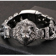 Bracelete masculino em aço inoxidável  cabeça de leão estilo nórdico peça muito rara maravilhosa