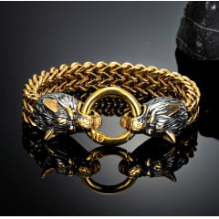 Bracelete vikings cabeça de lobo am aço inoxidável prata e dourado  