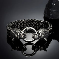 Bracelete vikings cabeça de lobo am aço inoxidável prata e dourado  