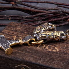 Colar vikings maravilhoso com cabeça de dragão pingente Mjölnir mesclando as cores prata e dourado linda joia 