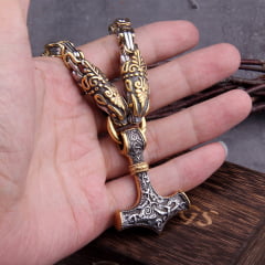 Colar vikings maravilhoso com cabeça de dragão pingente Mjölnir mesclando as cores prata e dourado linda joia 