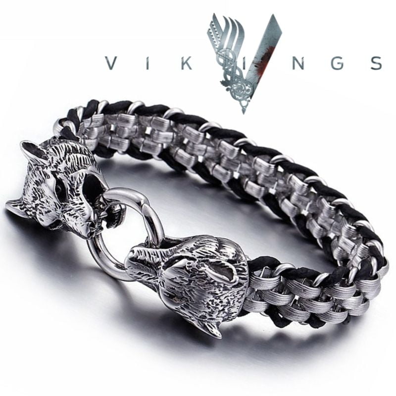 Bracelete Vikings cabeça de lobo em aço inoxidável 316L e couro 