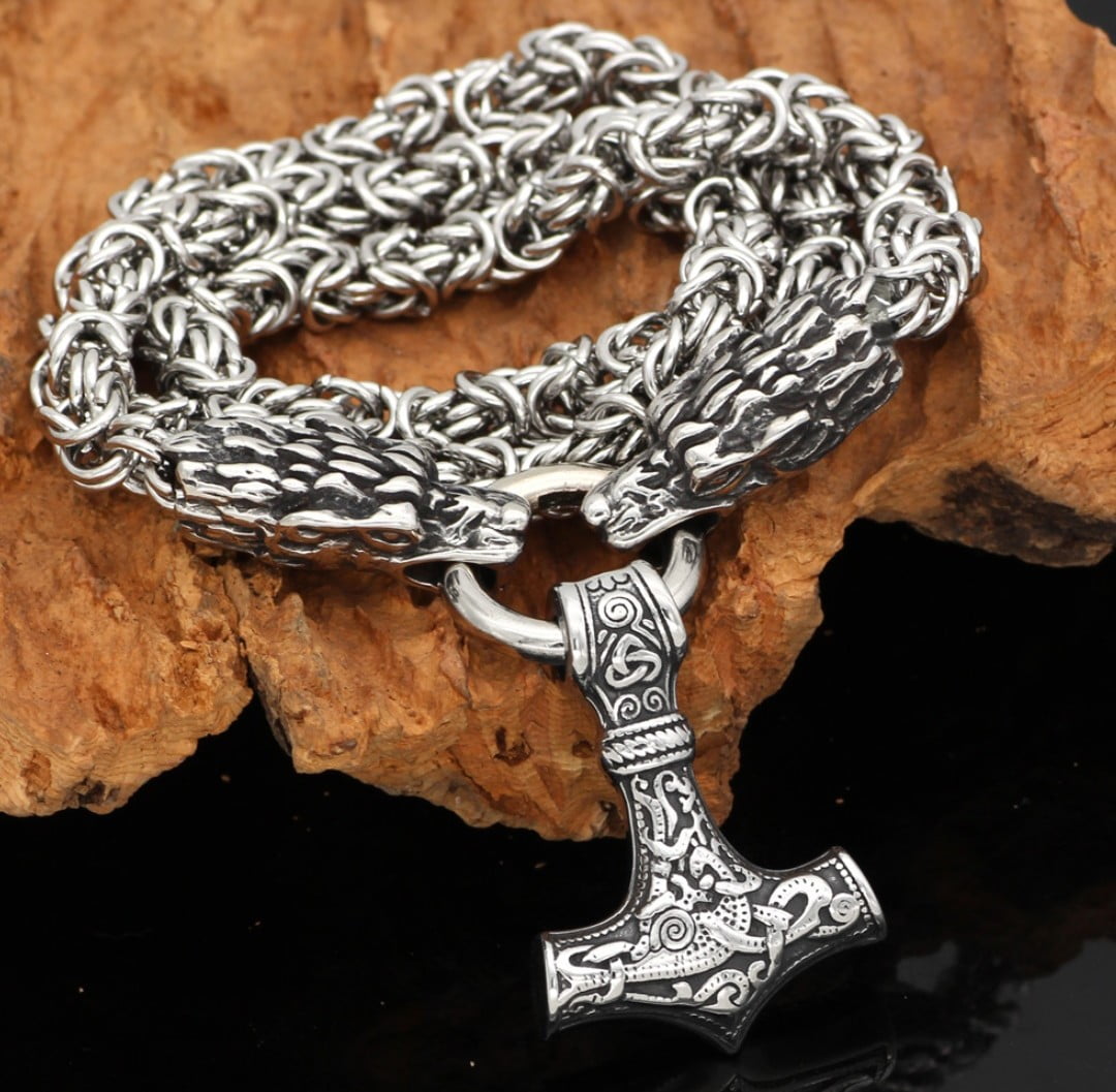 Colar vikings cabeças de dragão com pingente mjolnir em aço inoxidável 316L colar vigoroso marcante joia perfeita .