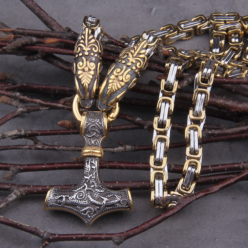 Colar vikings maravilhoso com cabeça de dragão pingente Mjölnir mesclando as cores prata e dourado linda joia 