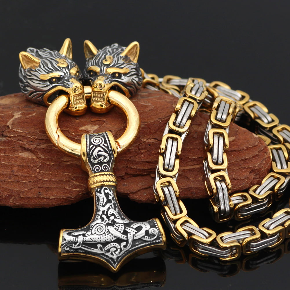 Colar vikings maravilhoso com cabeça de lobo pingente Mjölnir mesclando as cores prata e dourado linda joia 