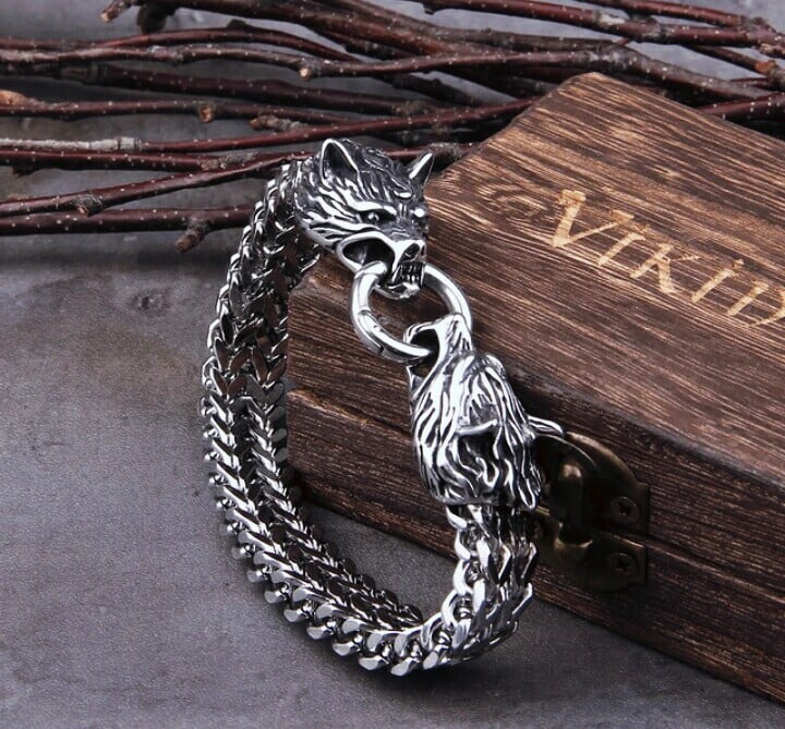 Pulseiras Vikings cabeça de lobo jóias estilo nórdico em aço inoxidável 316L alta qualidade .